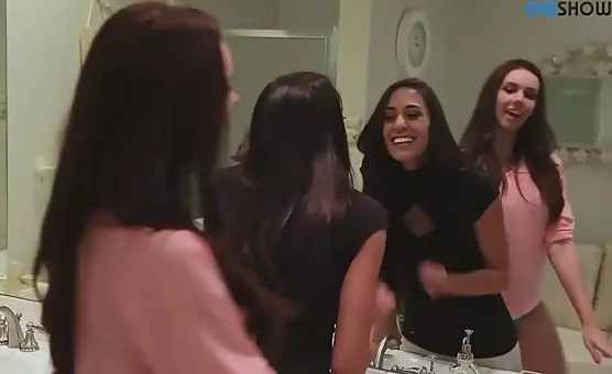 Beautiful Brunette Lesbians Caressing and Playing Together